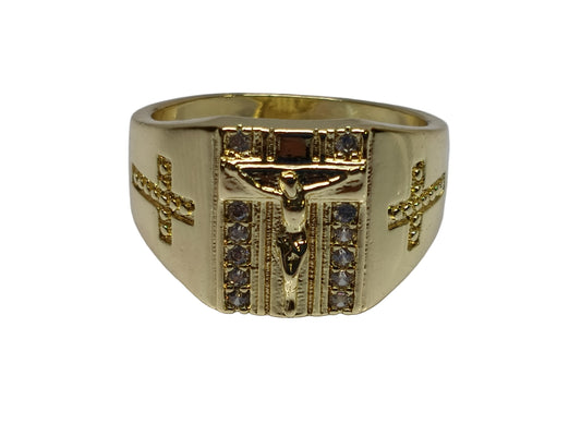 Oro Laminado Mens Ring, Gold Filled Style Crucifix Design, with White Cubic Zirconia, Polished, Golden Finish, 01.283.0001.12 (Size 12)