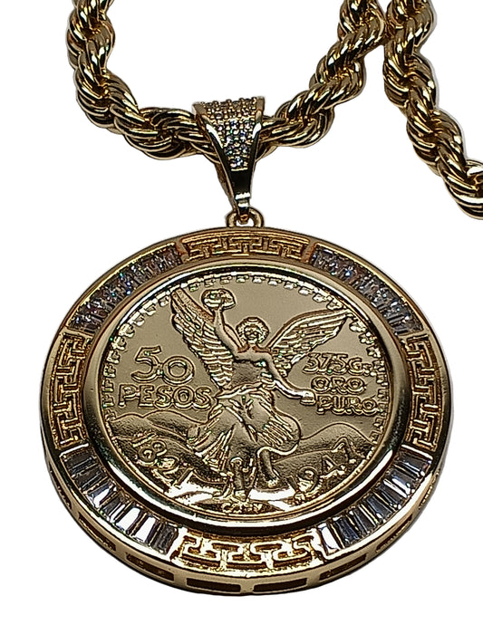 Oro Laminado Religious Pendant, Gold Filled Style Centenario Coin and Angel Design, with White Cubic Zirconia, Polished, Golden Finish, 05.253.0074