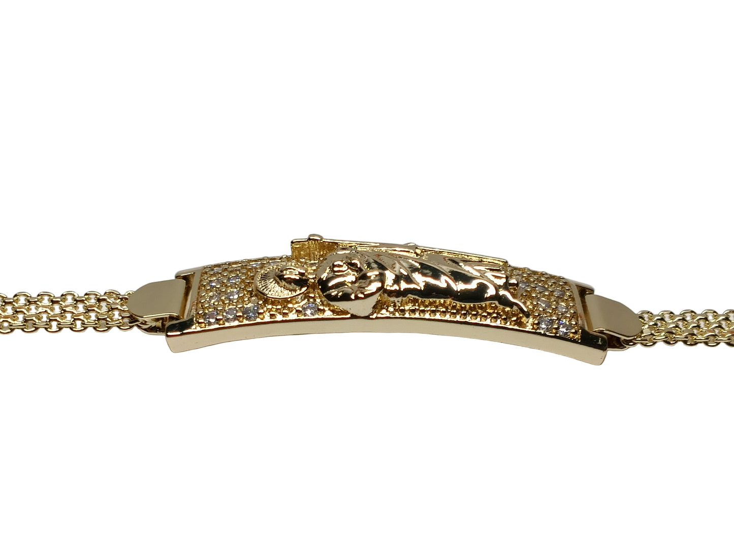 Oro Laminado ID Bracelet, Gold Filled Style San Judas and Bismark Design, with White Cubic Zirconia, Polished, Golden Finish, 03.411.0060.08