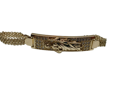 Oro Laminado ID Bracelet, Gold Filled Style San Judas and Bismark Design, with White Cubic Zirconia, Polished, Golden Finish, 03.411.0060.08