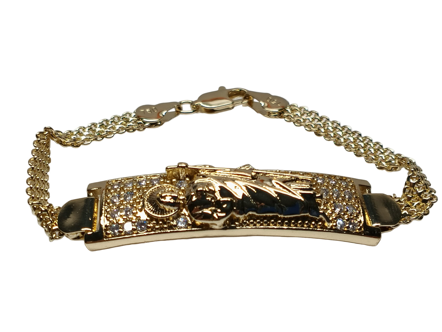 Oro Laminado ID Bracelet, Gold Filled Style San Judas and Bismark Design, with White Cubic Zirconia, Polished, Golden Finish, 03.411.0060.08