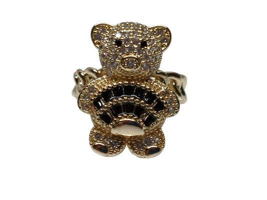 Oro Laminado Multi Stone Ring, Gold Filled Style Teddy Bear and Baguette Design, with Black Cubic Zirconia and White Micro Pave, Polished, Golden Finish, 01.284.0108.4