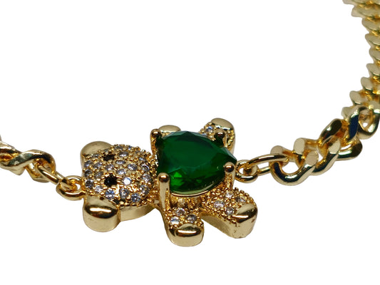 Oro Laminado Fancy Bracelet, Gold Filled Style Teddy Bear and Heart Design, with Green Cubic Zirconia and White Micro Pave, Polished, Golden Finish, 03.381.0034.5.06