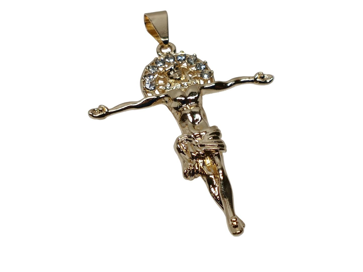 Oro Laminado Religious Pendant, Gold Filled Style Jesus Design, with White Crystal, Polished, Golden Finish, 05.213.0094