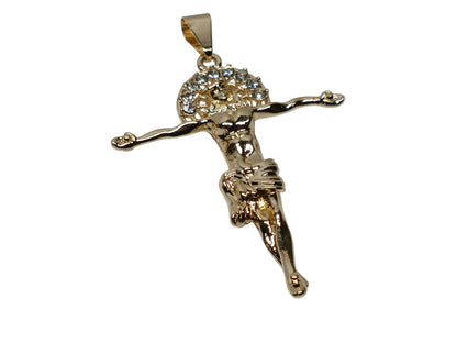 Oro Laminado Religious Pendant, Gold Filled Style Jesus Design, with White Crystal, Polished, Golden Finish, 05.213.0094