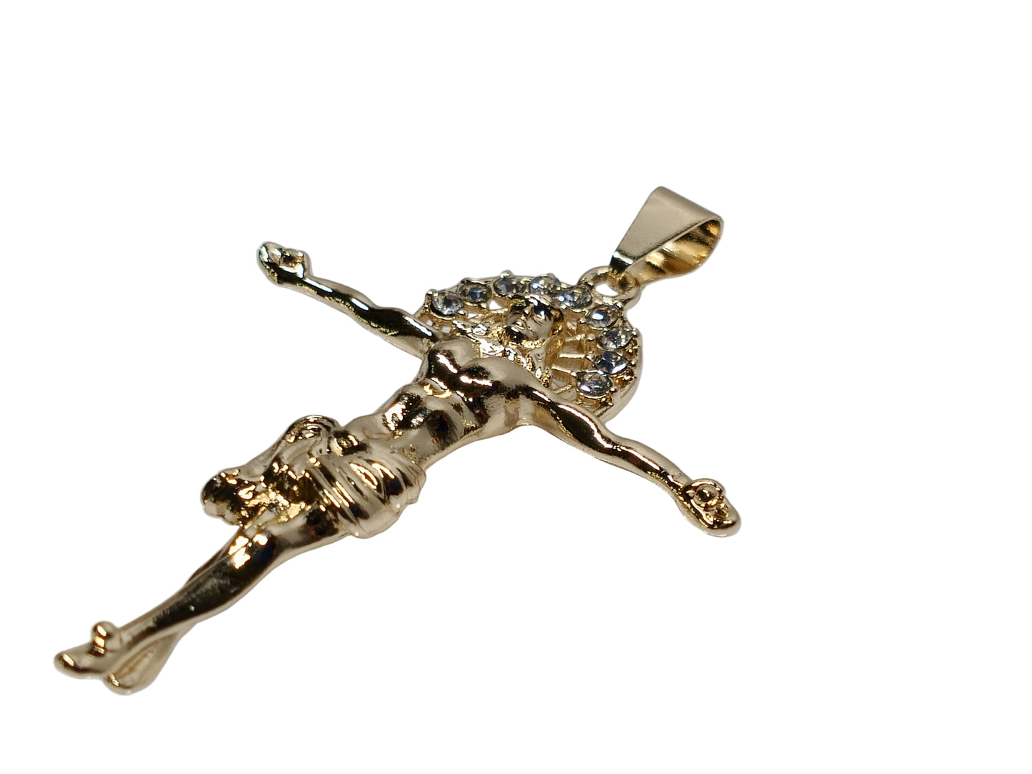 Oro Laminado Religious Pendant, Gold Filled Style Jesus Design, with White Crystal, Polished, Golden Finish, 05.213.0094