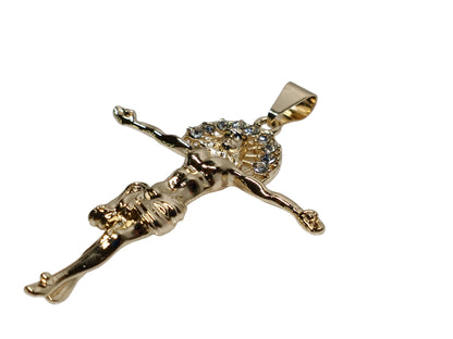 Oro Laminado Religious Pendant, Gold Filled Style Jesus Design, with White Crystal, Polished, Golden Finish, 05.213.0094