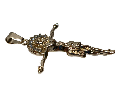 Oro Laminado Religious Pendant, Gold Filled Style Jesus Design, with White Crystal, Polished, Golden Finish, 05.213.0094