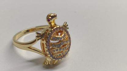 Oro Laminado Multi Stone Ring, Gold Filled Style Turtle Design, with White and Ruby Micro Pave, Polished, Golden Finish, 01.100.0001.09 (Size 9)
