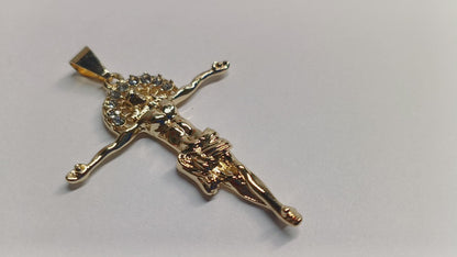 Oro Laminado Religious Pendant, Gold Filled Style Jesus Design, with White Crystal, Polished, Golden Finish, 05.213.0094