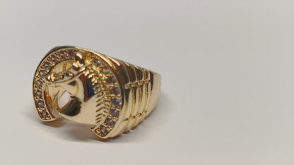 Oro Laminado Mens Ring, Gold Filled Style Horse Design, with White and Ruby Cubic Zirconia, Diamond Cutting Finish, Golden Finish, 01.185.0005.09 (Size 9)